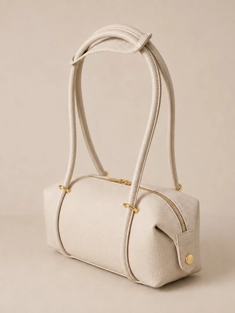 Beige Italian Leather Barrel Bag, East West Shoulder Bag, Genuine Leather Purse